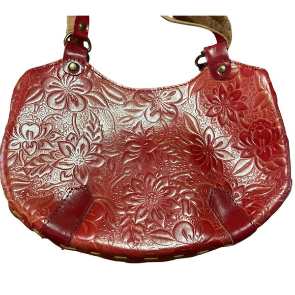 Vtg Red Floral Embossed Leather Shoulder Bag Purse With Long Strap 10"W x 6"H - Picture 3 of 4